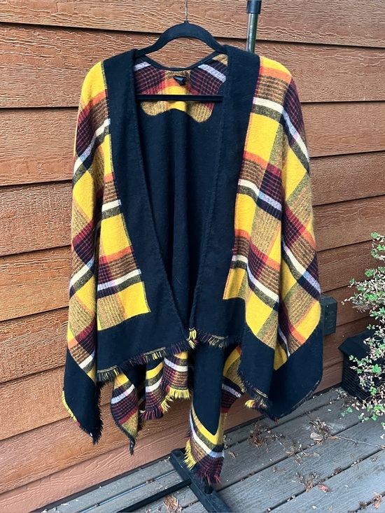Cejon Sweaters - Cejon Black Yellow Red Plaid Open-Front Ruana Poncho Wrap Shawl Women’s OSFM